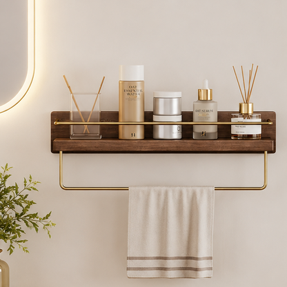 Royeva Wall Mounted Floating Shelf with Gold Rail - Modern Wood Bathroom Organizer