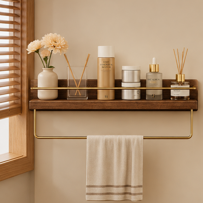 Royeva Wall Mounted Floating Shelf with Gold Rail - Modern Wood Bathroom Organizer