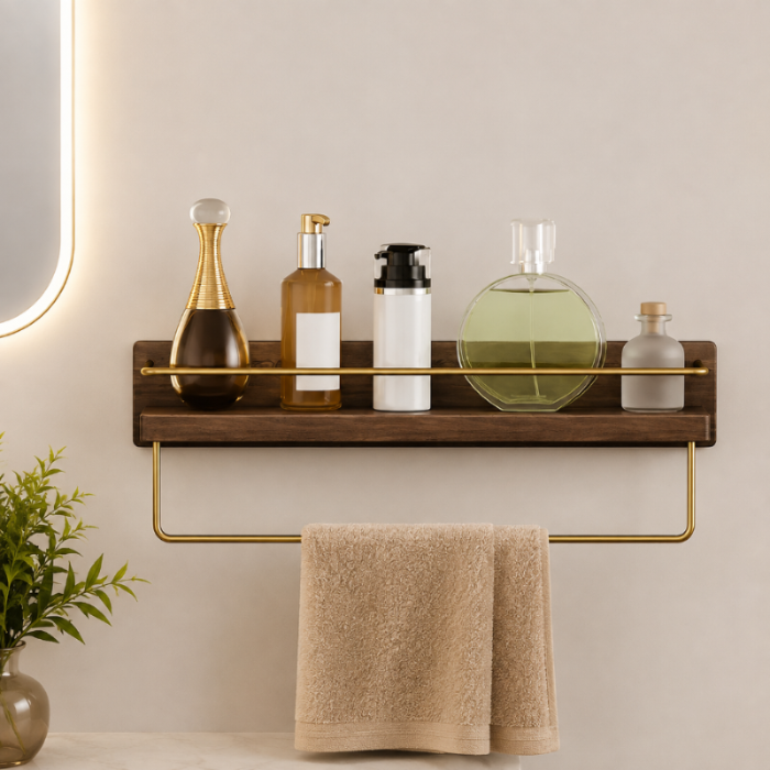 Royeva Wall Mounted Floating Shelf with Gold Rail - Modern Wood Bathroom Organizer