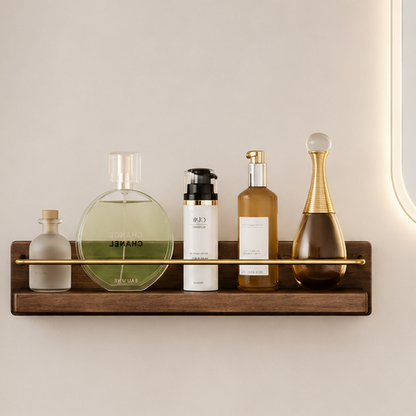 Royeva Wall Mounted Floating Shelf with Gold Rail - Modern Wood Bathroom Organizer