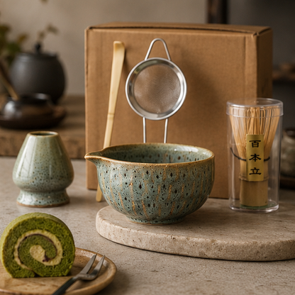 Royora Traditional Matcha Ceremony Set - Ceramic Bowl, Bamboo Whisk, Sifter & Scoop