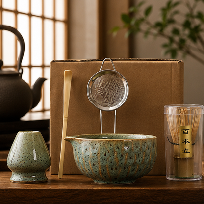 Royora Traditional Matcha Ceremony Set - Ceramic Bowl, Bamboo Whisk, Sifter & Scoop