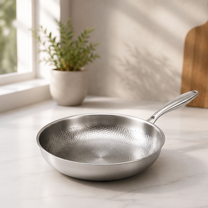 A stainless steel frying pan with a hammered texture is shown in a four-panel collage on different kitchen surfaces: a white countertop by a window, on a black stovetop, on a wooden table, and on a light beige countertop with small kitchen props.