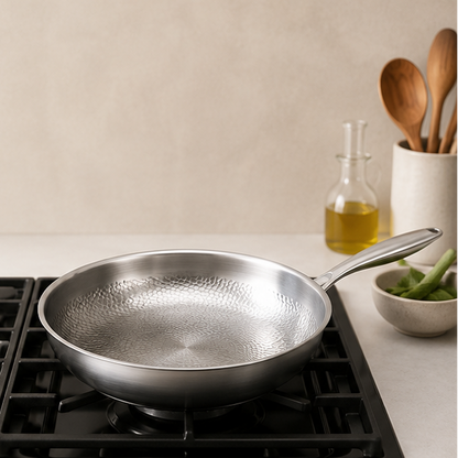 A stainless steel frying pan with a hammered texture is shown in a four-panel collage on different kitchen surfaces: a white countertop by a window, on a black stovetop, on a wooden table, and on a light beige countertop with small kitchen props.