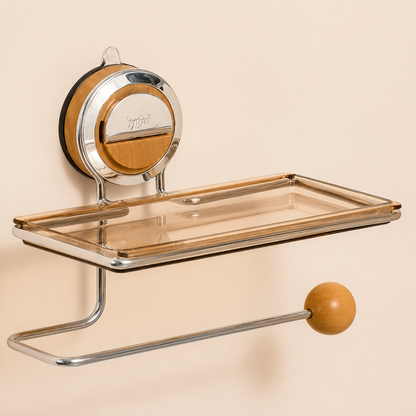 Royeva No-Drill Suction Toilet Paper Holder - Stainless Steel with Wood Grain Shelf