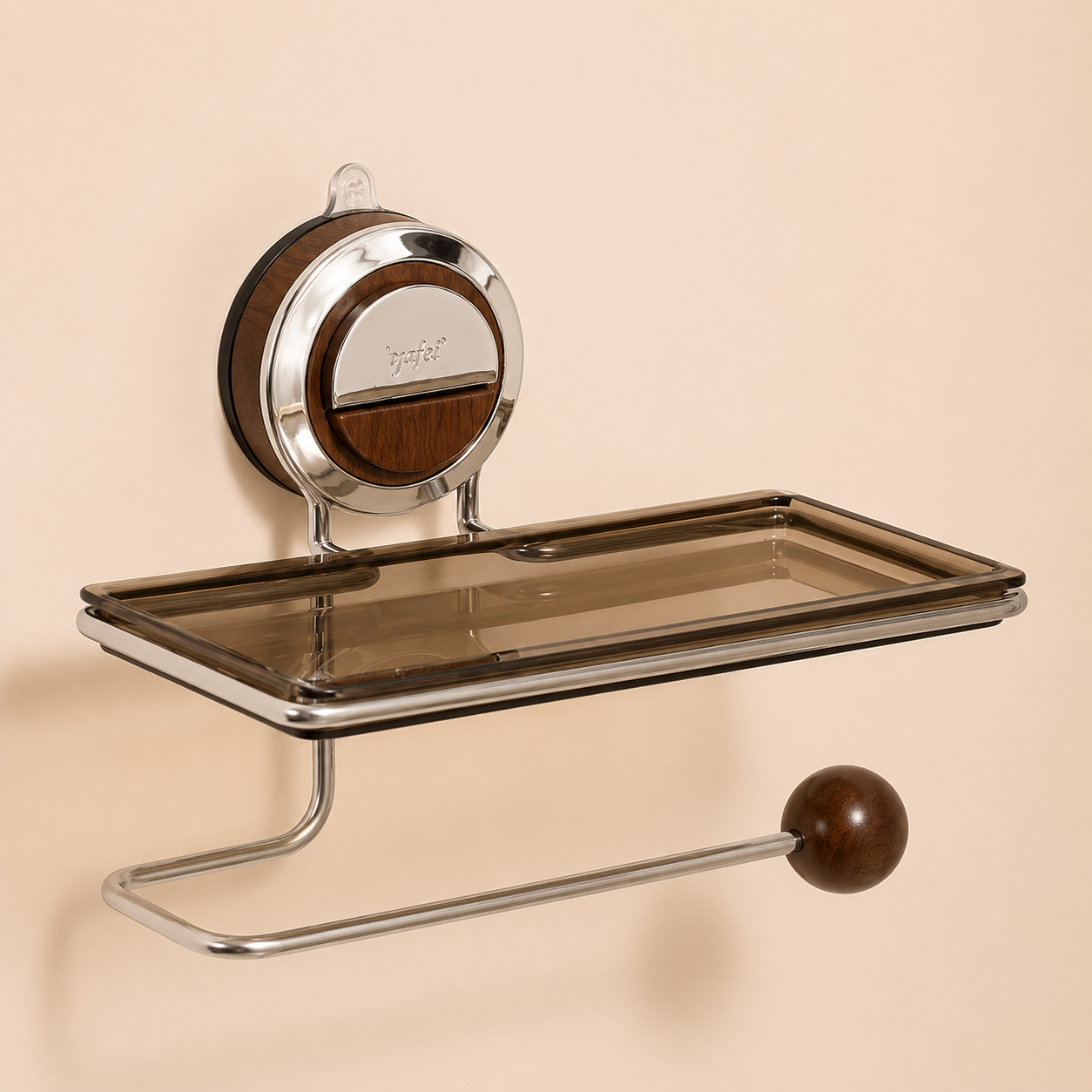 Royeva No-Drill Suction Toilet Paper Holder - Stainless Steel with Wood Grain Shelf
