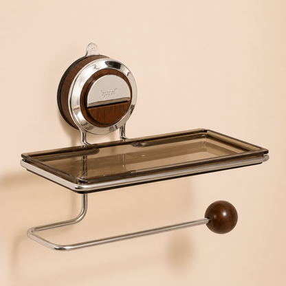 Royeva No-Drill Suction Toilet Paper Holder - Stainless Steel with Wood Grain Shelf