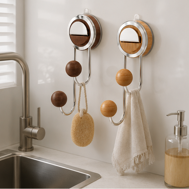 Royeva No-Drill Suction Toilet Paper Holder - Stainless Steel with Wood Grain Shelf