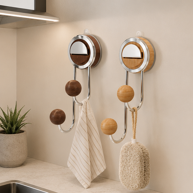 Royeva No-Drill Suction Toilet Paper Holder - Stainless Steel with Wood Grain Shelf