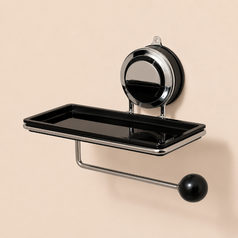 A wall-mounted toilet paper holder with a black tray, chrome metal arms, and a black spherical handle, attached to a wall with a circular black and chrome suction cup. The background is a solid light beige wall.