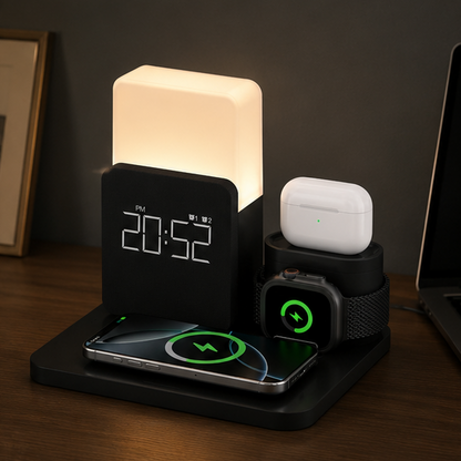 Novara 15W Wireless Charging Station with Digital Alarm Clock & Adjustable Lamp