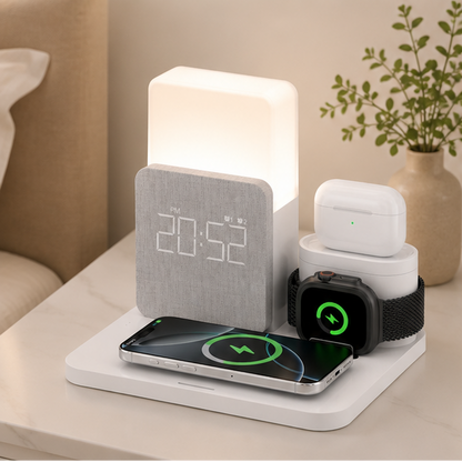 Novara 15W Wireless Charging Station with Digital Alarm Clock & Adjustable Lamp