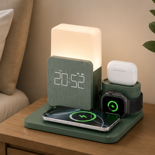 Novara 15W Wireless Charging Station with Digital Alarm Clock & Adjustable Lamp