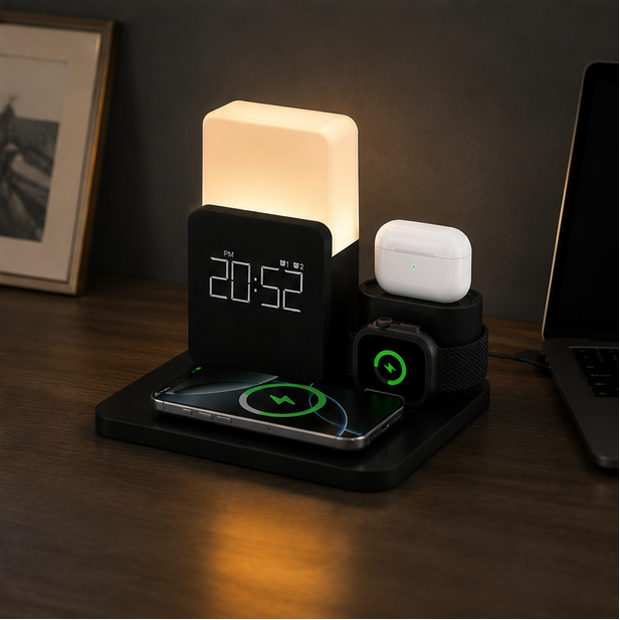 Novara 15W Wireless Charging Station with Digital Alarm Clock & Adjustable Lamp