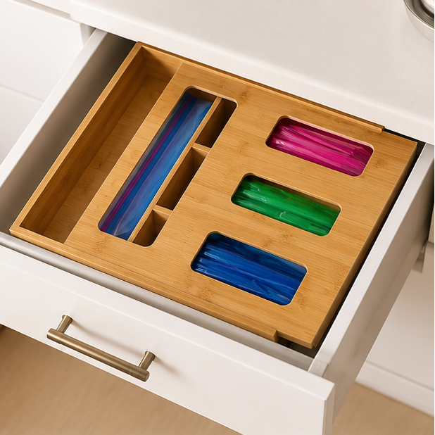 Novara Bamboo Ziplock Bag Organizer for Kitchen Drawer & Pantry Storage