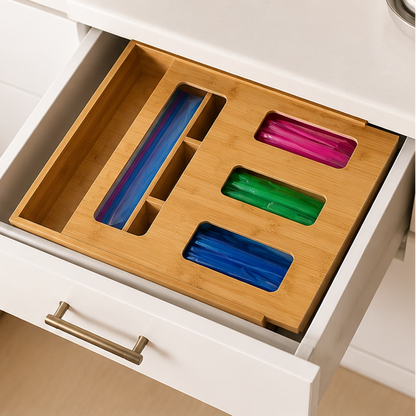Novara Bamboo Ziplock Bag Organizer for Kitchen Drawer & Pantry Storage