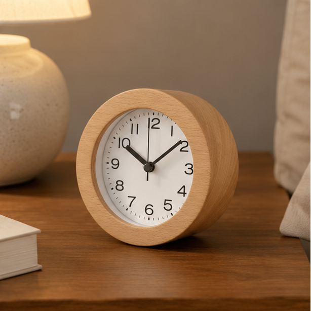 Novara Analog Round Alarm Clock - Compact Beech Wood for Bedside & Desk