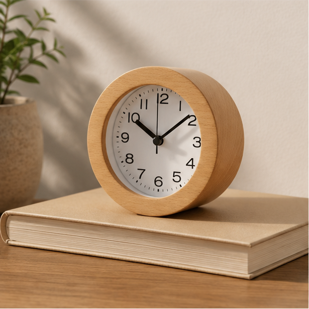 Novara Analog Round Alarm Clock - Compact Beech Wood for Bedside & Desk