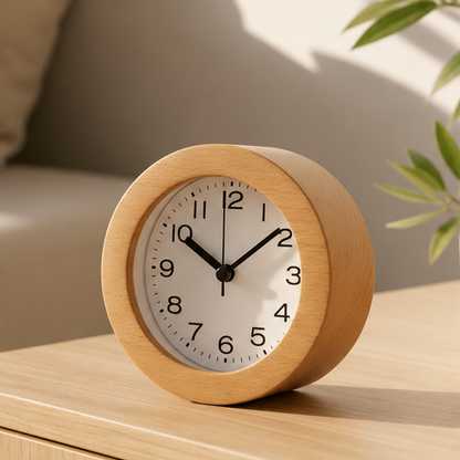 Novara Analog Round Alarm Clock - Compact Beech Wood for Bedside & Desk