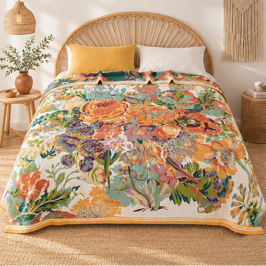 Royelle Floral Jacquard Cotton Throw Blanket-Reversible Bed Cover
