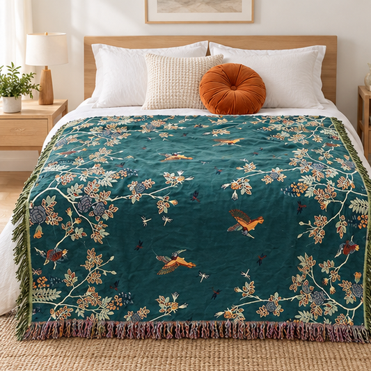 Royeva Cotton Gauze Throw Blanket-Botanical Floral Green Bed Cover With Fringe
