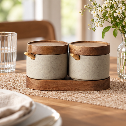 Royeva Ceramic Spice Jars Set With Acacia Wood Lids And Serving Tray