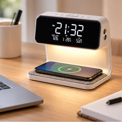 Royeva Wireless Charging Station With Bedside Lamp And Alarm Clock