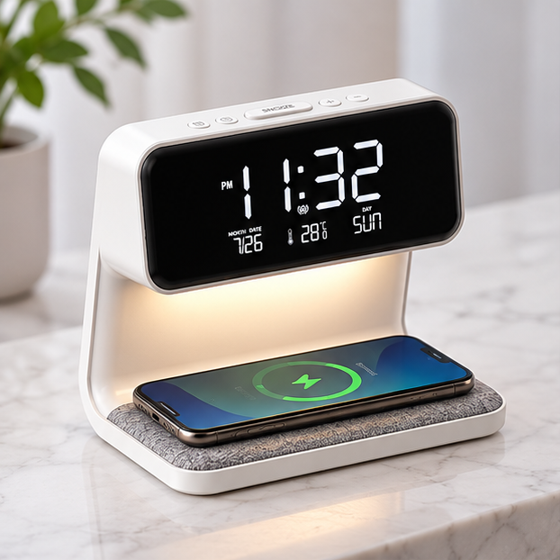 Royeva Wireless Charging Station With Bedside Lamp And Alarm Clock
