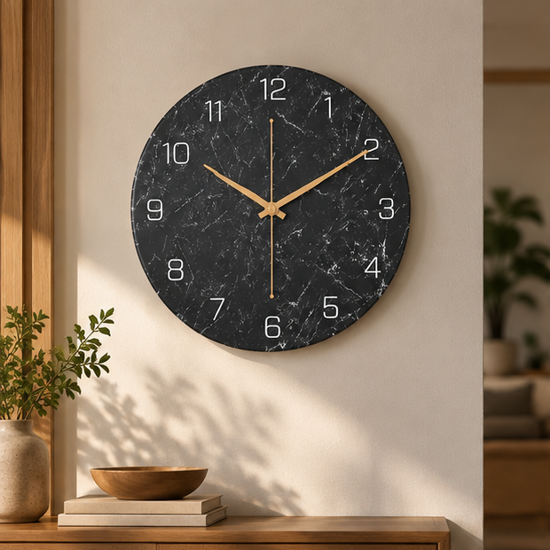 Royeva Modern Marble and Wood Wall Clock-Silent Non Ticking Decorative Timepiece