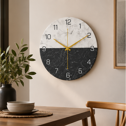 Royeva Modern Marble and Wood Wall Clock-Silent Non Ticking Decorative Timepiece