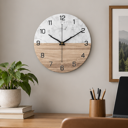 Royeva Modern Marble and Wood Wall Clock-Silent Non Ticking Decorative Timepiece