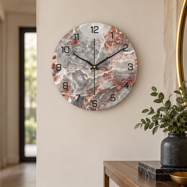 Royeva Modern Marble and Wood Wall Clock-Silent Non Ticking Decorative Timepiece