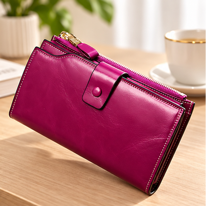 Royelle Genuine Leather Trifold Wallet For Women-Vintage Oil Wax Clutch Purse Brown