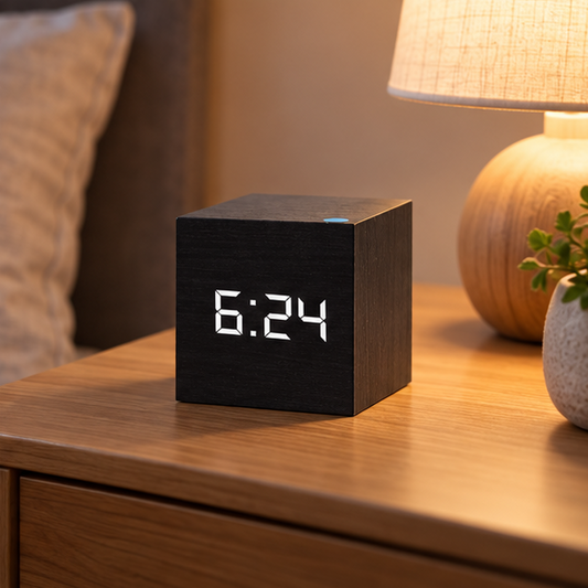 Royeva Wooden LED Digital Alarm Clock-Modern Cube Desk Clock for Bedroom