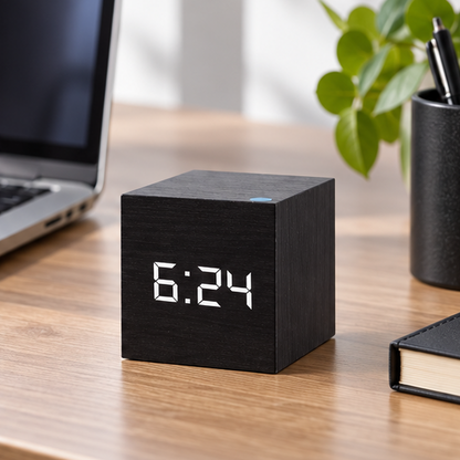 Royeva Wooden LED Digital Alarm Clock-Modern Cube Desk Clock for Bedroom