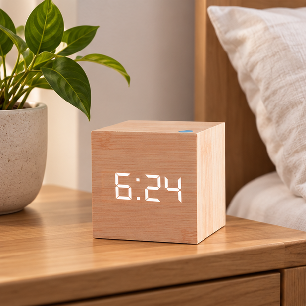 Royeva Wooden LED Digital Alarm Clock-Modern Cube Desk Clock for Bedroom
