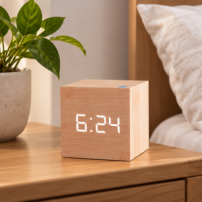 Royeva Wooden LED Digital Alarm Clock-Modern Cube Desk Clock for Bedroom