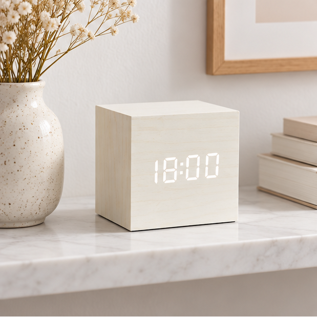 Royeva Wooden LED Digital Alarm Clock-Modern Cube Desk Clock for Bedroom