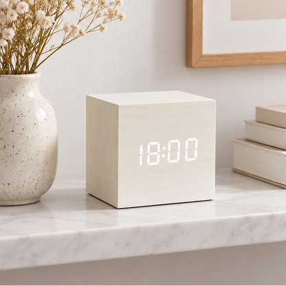 Royeva Wooden LED Digital Alarm Clock-Modern Cube Desk Clock for Bedroom