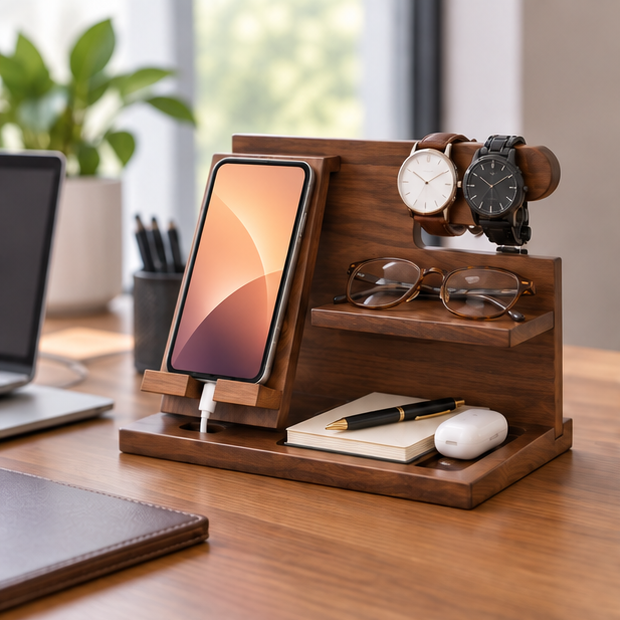 Royelle Wooden Desk Organizer And Phone Stand Docking Station