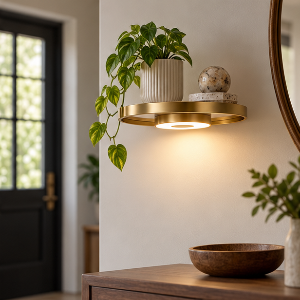Royeva Round LED Floating Wall Shelf With Warm Lighting For Plants