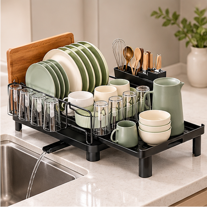 Royeva Black Expandable Dish Drying Rack With Drainboard And Utensil Holder