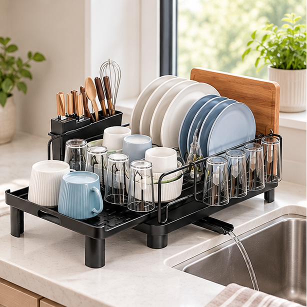 Royeva Black Expandable Dish Drying Rack With Drainboard And Utensil Holder