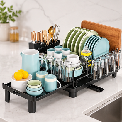 Royeva Black Expandable Dish Drying Rack With Drainboard And Utensil Holder