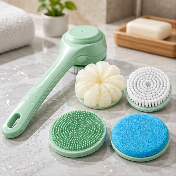 Royeva Electric Body Scrubber-Waterproof Long Handle Bath Brush with 4 Heads