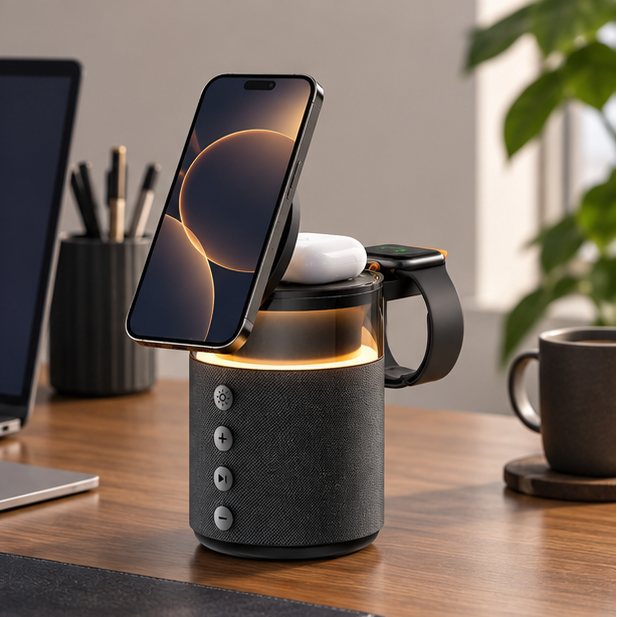 Royora 5 in 1 Magnetic Wireless Charging Station with Bluetooth Speaker and Night Light