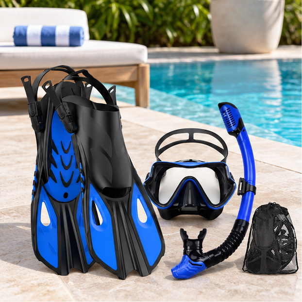 Royeva Adult Snorkeling Gear Set-Panoramic Dive Mask Fins And Dry Top Snorkel