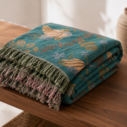 Royora Scandinavian Bird & Floral Reversible Cotton Throw Blanket for Sofa Decor