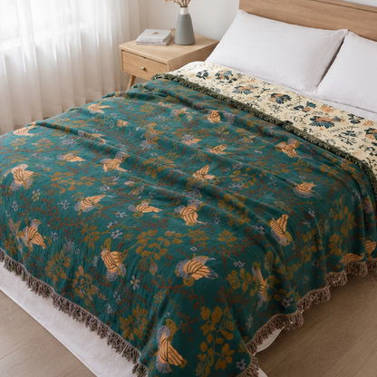 Royora Scandinavian Bird & Floral Reversible Cotton Throw Blanket for Sofa Decor
