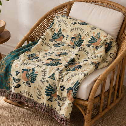 Royora Scandinavian Bird & Floral Reversible Cotton Throw Blanket for Sofa Decor
